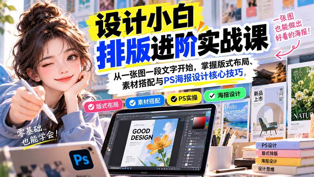 （20838期）设计小白排版进阶实战课：从一张图一段文字开始，掌握版式布局、素材搭配与PS海报设计核心技巧-卓越网创