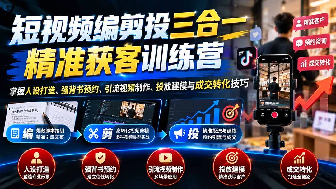 短视频编剪投三合一精准获客训练营：掌握人设打造、强背书预约、引流视频制作、投放建模与成交转化技巧-卓越网创