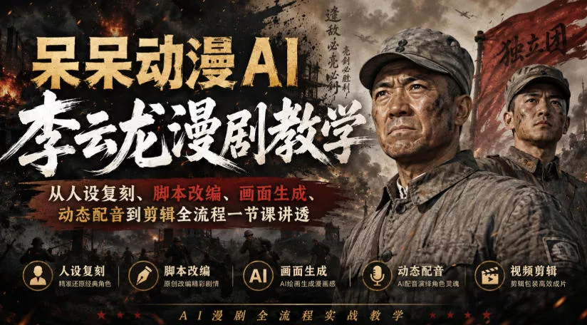 呆呆动漫AI李云龙漫剧教学，从人设复刻、脚本改编、画面生成、动态配音到剪辑全流程一节课讲透-卓越网创