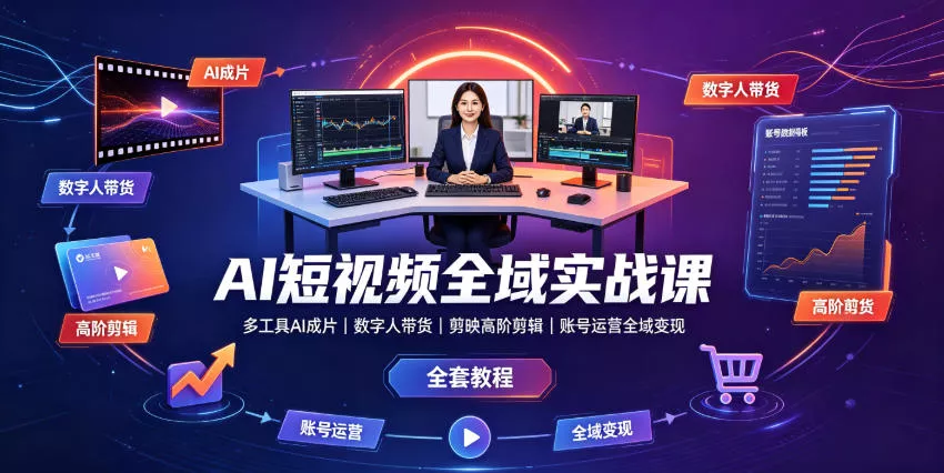 AI短视频全域实战课｜多工具AI成片、数字人带货、剪映高阶剪辑、账号运营全域变现全套教程-卓越网创