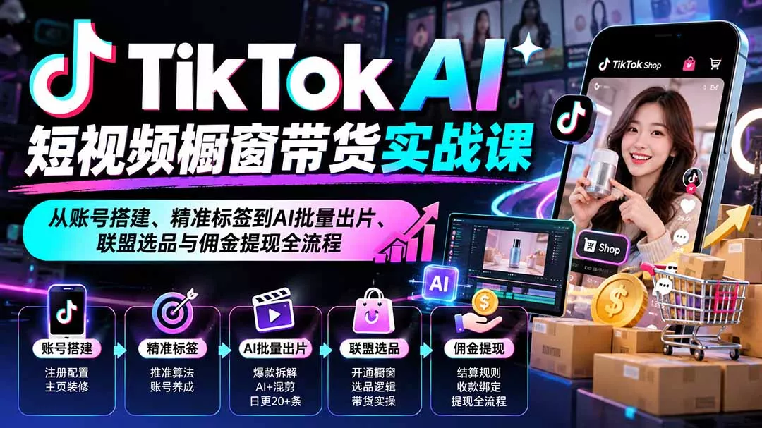 TikTok AI短视频橱窗带货实战课:从账号搭建、精准标签到AI批量出片、联盟选品与佣金提现全流程 TikTok AI短视频橱窗带货实战课:从账号搭建、精准标签到AI批量出片、联盟选品与佣金提现全流程
