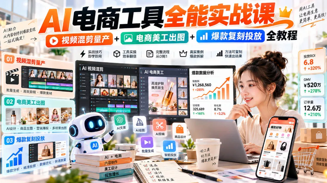 AI电商工具全能实战教学，视频混剪量产+电商美工出图+爆款复刻投放全教程-卓越网创