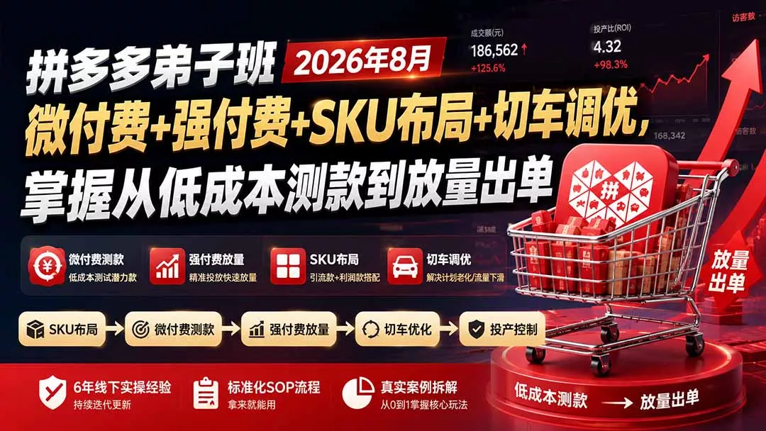 拼多多弟子班2026年8月:微付费+强付费+SKU布局+切车调优,掌握从低成本测款到放量出单-卓越网创