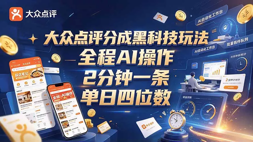 大众点评分成全网独家玩法，AI 全自动出内容，2 分钟一条，小白可冲单日四位数-卓越网创