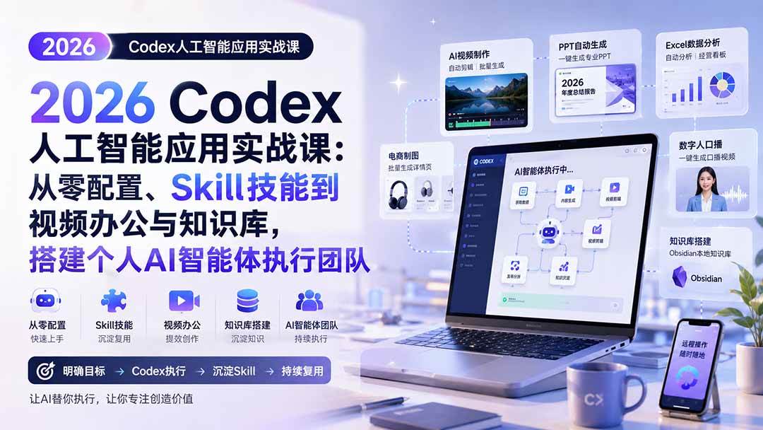（20067期）2026 Codex人工智能应用实战课：从零配置、Skill技能到视频办公与知识库，搭建个人AI智能体执行团队-卓越网创