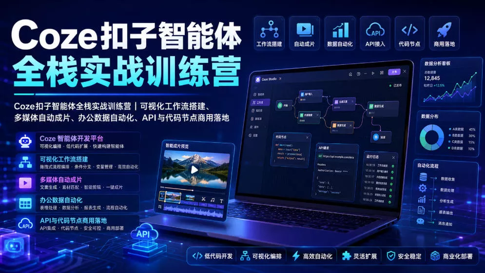Coze扣子智能体全栈实战训练营｜可视化工作流搭建、多媒体自动成片、办公数据自动化、API与代码节点商用落地-卓越网创