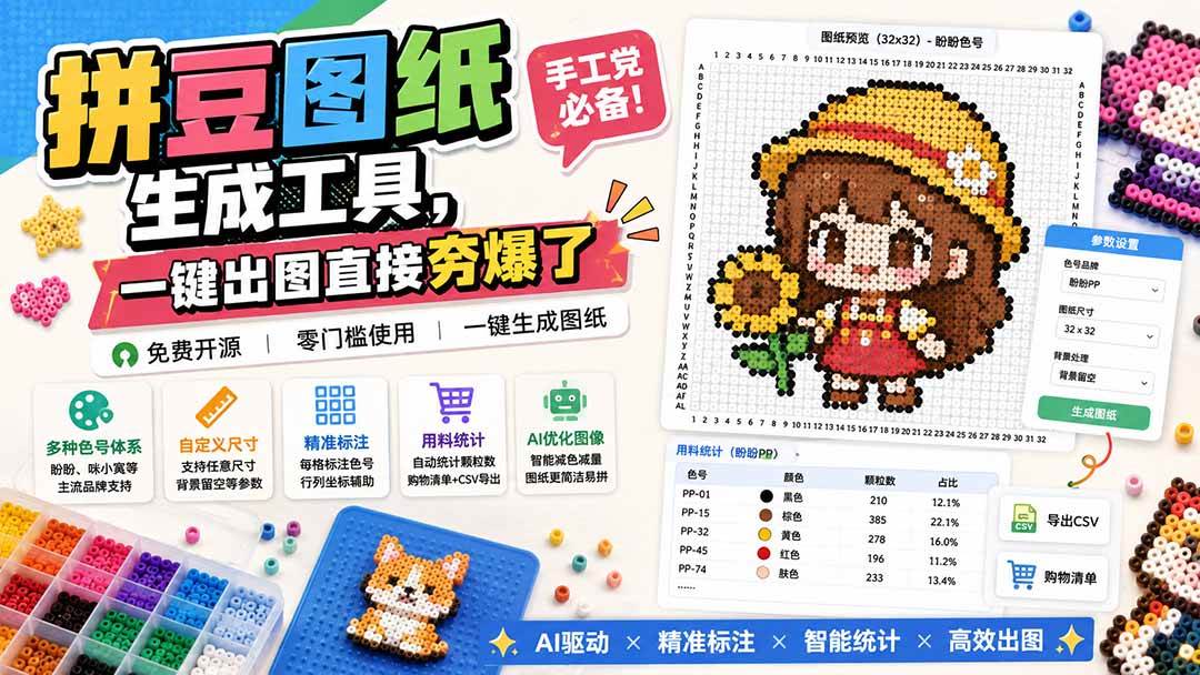(20084期)拼豆图纸生成工具,手工党必备!一键出图直接夯爆了-卓越网创