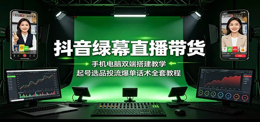 抖音绿幕直播带货：手机电脑双端搭建教学，起号选品投流爆单话术全套教程-卓越网创