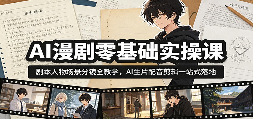 AI漫剧零基础实操课:剧本人物场景分镜全教学,AI生片配音剪辑一站式落地-卓越网创