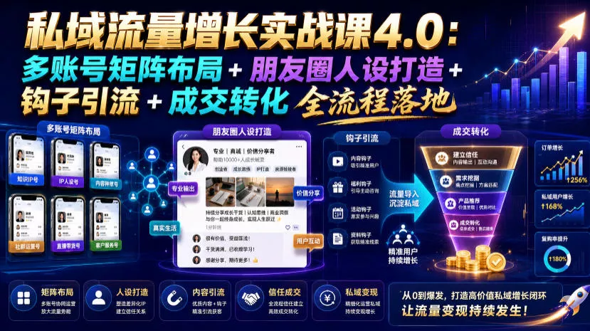 私域流量增长实战课4.0：多账号矩阵布局+朋友圈人设打造+钩子引流+成交转化全流程落地-卓越网创