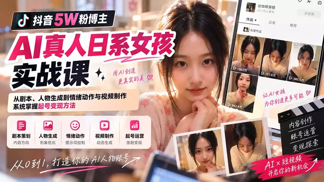 抖音5W粉博主AI真人日系女孩实战课：从剧本、人物生成到情绪动作与视频制作，系统掌握起号变现方法-卓越网创