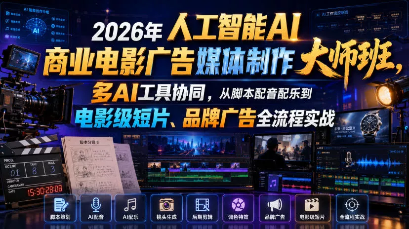 2026年人工智能AI商业电影广告媒体制作大师班,多AI工具协同,从脚本配音配乐到电影级短片、品牌广告全流程实战(中英字幕) 2026年人工智能AI商业电影广告媒体制作大师班,多AI工具协同,从脚本配音配乐到电影级短片、品牌广告全流程实战(中英字幕)