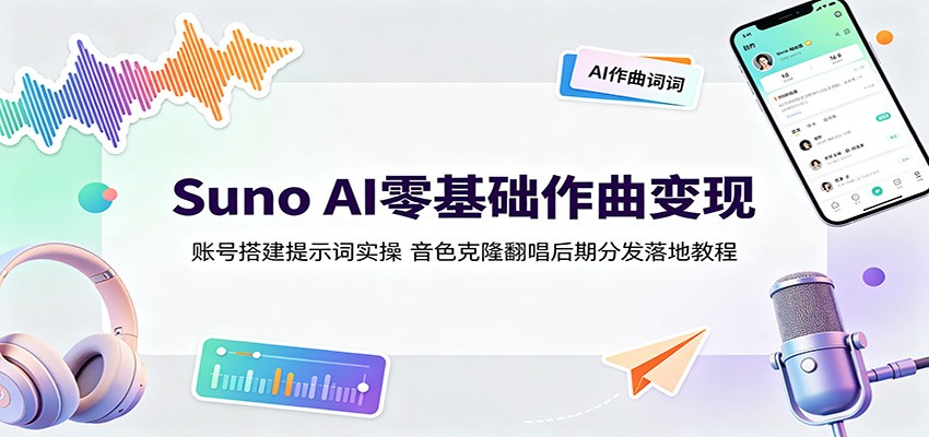 Suno AI零基础作曲变现：账号搭建提示词实操，音色克隆翻唱后期分发落地教程-卓越网创