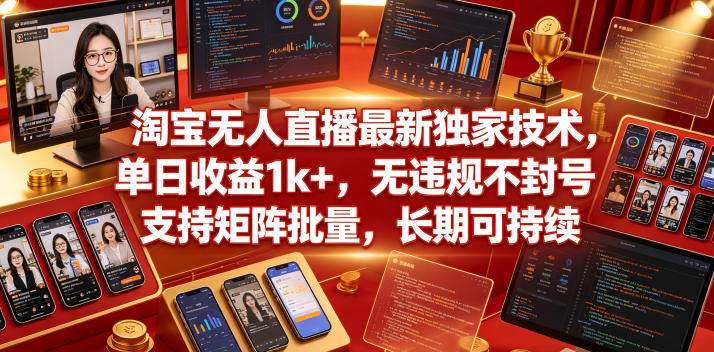 淘宝无人直播最新独家技术，单日收益1k+，无违规不封号，支持矩阵批量，长期可持续【揭秘】-卓越网创