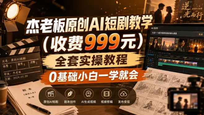 杰老板原创AI短剧教学(收费999元),全套实操教程,0基础小白一学就会,非搬运技术-卓越网创