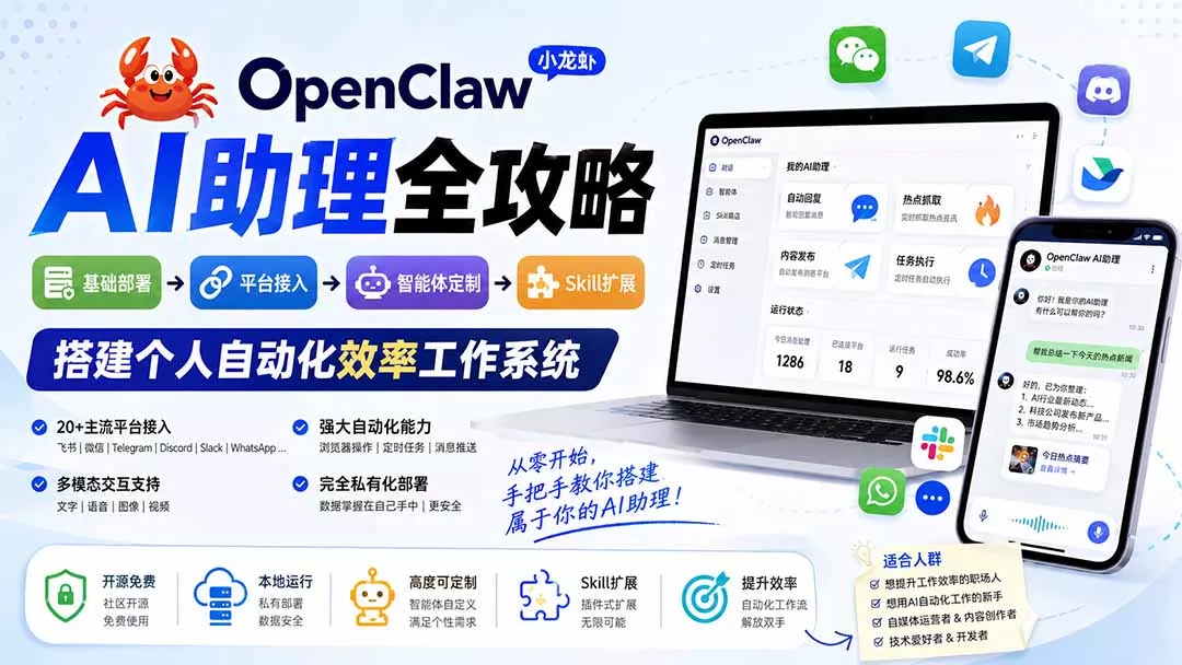 OpenClaw小龙虾 AI助理全攻略：基础部署→平台接入→智能体定制→Skill扩展，搭建个人自动化效率工作系统-卓越网创