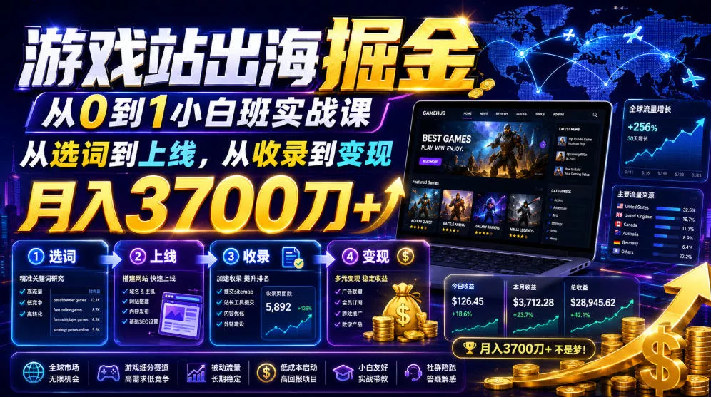 游戏站出海掘金从0到1小白实战课,从选词到上线,从收录到变现,月入3700刀+ 游戏站出海掘金从0到1小白实战课,从选词到上线,从收录到变现,月入3700刀+