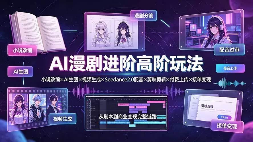 AI漫剧进阶高阶玩法:小说改编×AI生图×视频生成×Seedance2.0配音×剪映剪辑×付费上传×接单变现 AI漫剧进阶高阶玩法:小说改编×AI生图×视频生成×Seedance2.0配音×剪映剪辑×付费上传×接单变现