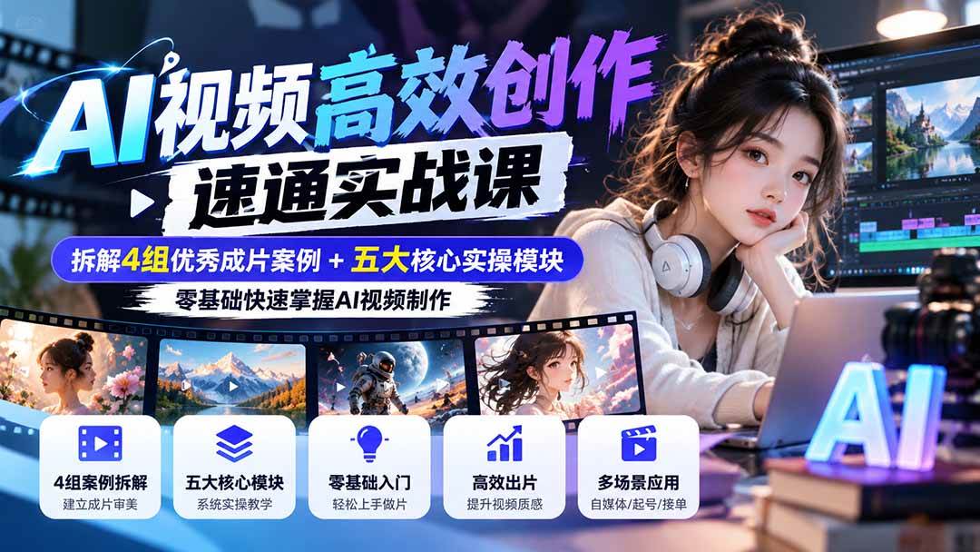 （20819期）【无水印】AI视频高效创作速通实战课：拆解4组优秀成片案例+五大核心实操模块，零基础快速掌握AI视频制作-卓越网创