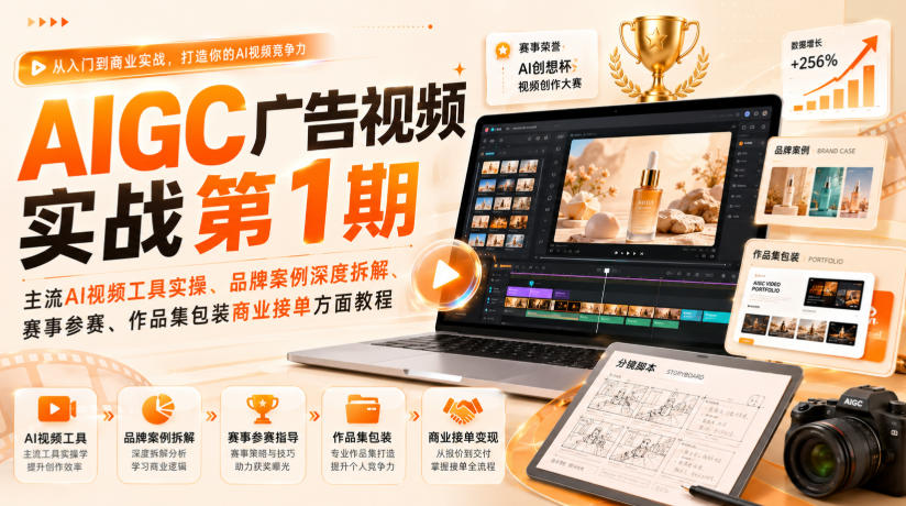 AIGC广告视频实战第1期,主流AI视频工具实操、品牌案例深度拆解、赛事参赛、作品集包装商业接单方面教程-卓越网创