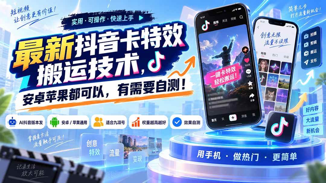 （20606期）最新抖音卡特效搬运技术，安卓苹果都可以，有需要自测！-卓越网创