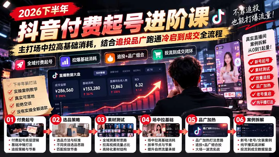 2026下半年抖音付费起号进阶课:主打场中拉高基础消耗,结合追投品广跑通冷启到成交全流程-卓越网创