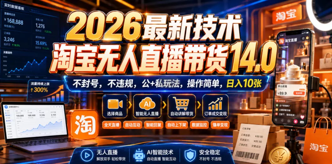 2026最新技术，淘宝无人直播带货14.0，不封号，不违规，公+私玩法，操作简单，日入10张【揭秘】-卓越网创