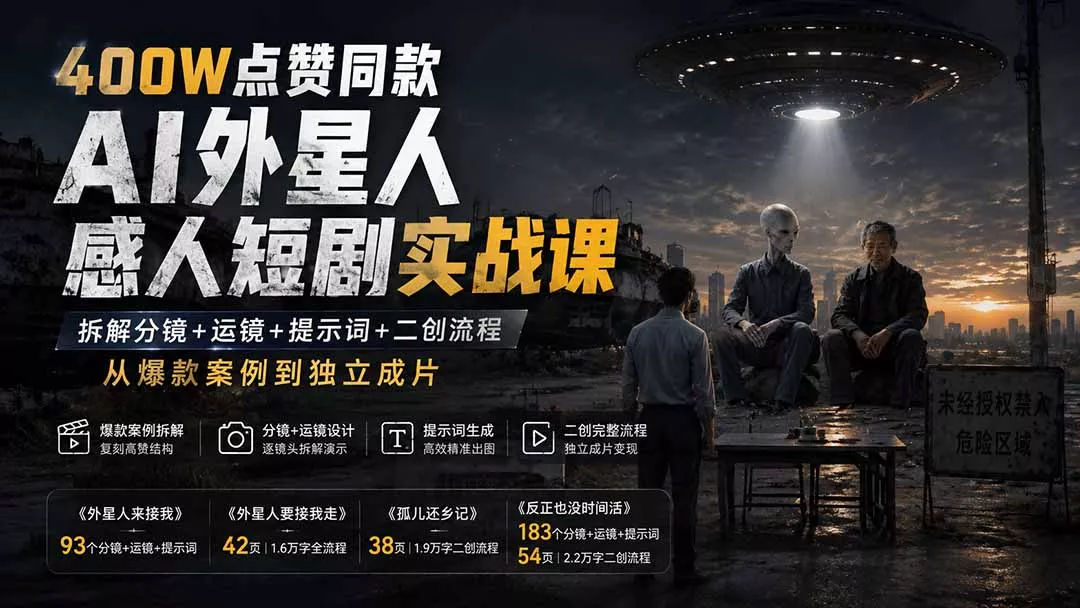 400W点赞同款AI外星人感人短剧实战课:拆解分镜+运镜+提示词+二创流程,从爆款案例到独立成片 400W点赞同款AI外星人感人短剧实战课:拆解分镜+运镜+提示词+二创流程,从爆款案例到独立成片