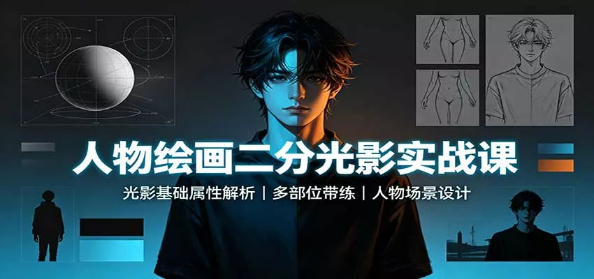 人物绘画二分光影实战课：光影基础属性解析，多部位带练，人物场景设计-卓越网创