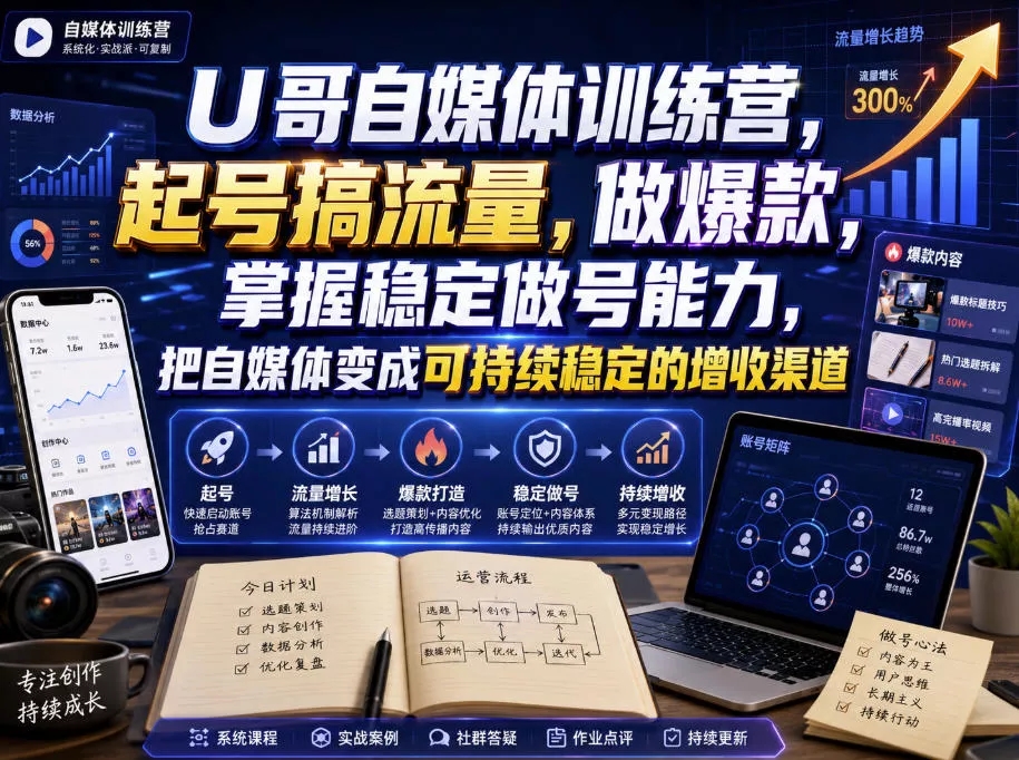 U哥自媒体训练营，起号搞流量，做爆款，掌握稳定做号能力，把自媒体变成可持续稳定的增收渠道-卓越网创