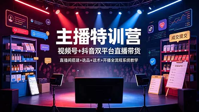 主播特训营：视频号+抖音双平台直播带货，直播间搭建+选品+话术+开播全流程系统教学-卓越网创
