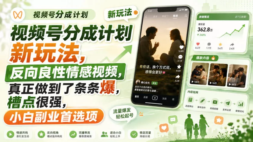 视频号分成计划新玩法，反向良性情感视频，真正做到了条条爆，槽点很强，小白副业首选项-卓越网创