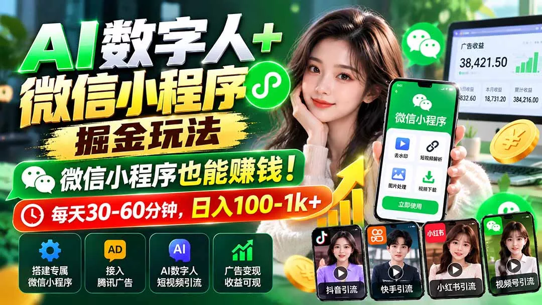 AI数字人+微信小程序掘金玩法:微信小程序也能赚钱!每天30-60分钟,日入100-1k+ AI数字人+微信小程序掘金玩法:微信小程序也能赚钱!每天30-60分钟,日入100-1k+