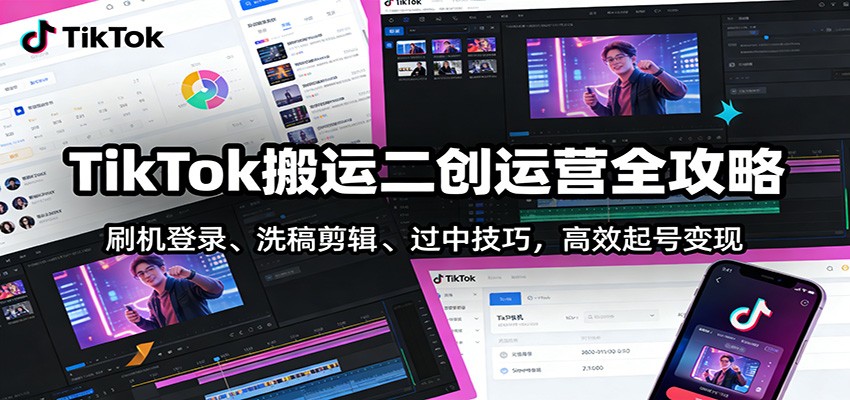 TikTok搬运二创运营全攻略：刷机登录、洗稿剪辑 、过中技巧，高效起号变现-卓越网创