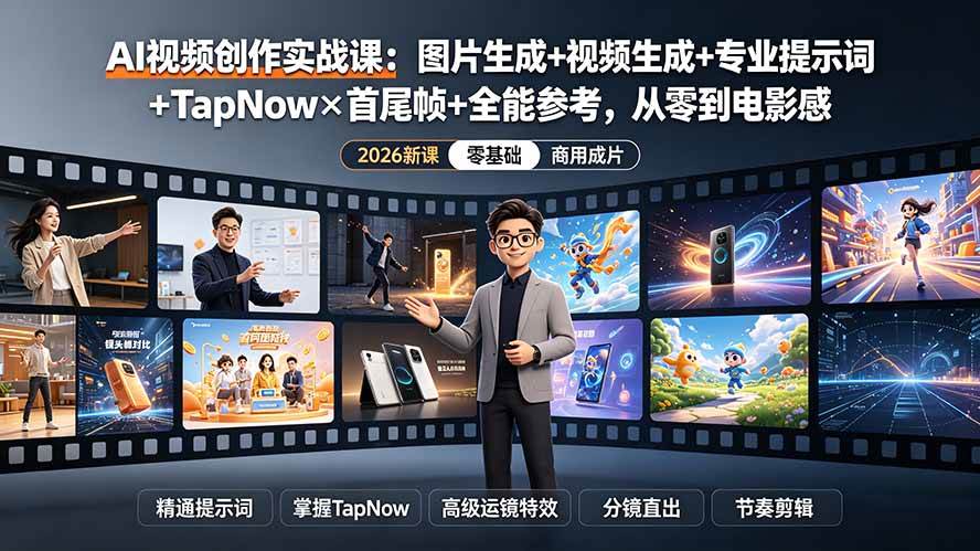 （19383期）AI视频创作实战课：图片生成+视频生成+专业提示词+TapNow×首尾帧+全能参考，从零到电影感成片-卓越网创