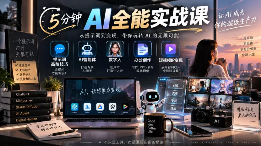 5分钟AI全能实战课|提示词高阶技巧+AI智能体+数字人+办公创作+短视频IP变现全教程-卓越网创