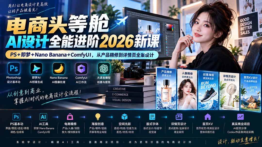 (20284期)电商头等舱AI设计全能进阶2026新课:PS+即梦+Nano Banana+ComfyUI,从产品精修到详情页全案设计-卓越网创