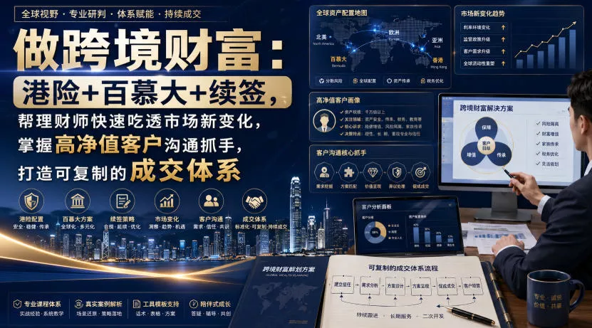 做跨境财富：港险+百慕大+续签，帮理财师快速吃透市场新变化，掌握高净值客户沟通抓手，打造可复制的成交体系-卓越网创