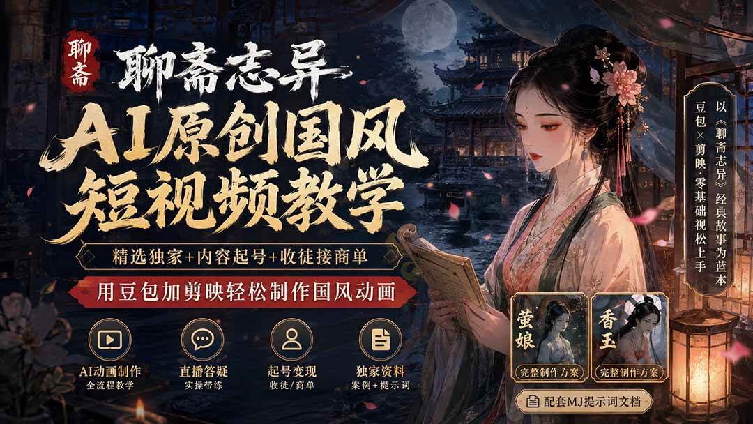 (19834期)聊斋志异AI原创国风短视频教学;精选独家+内容起号+收徒接商单,用豆包加剪映轻松制作国风动画-卓越网创