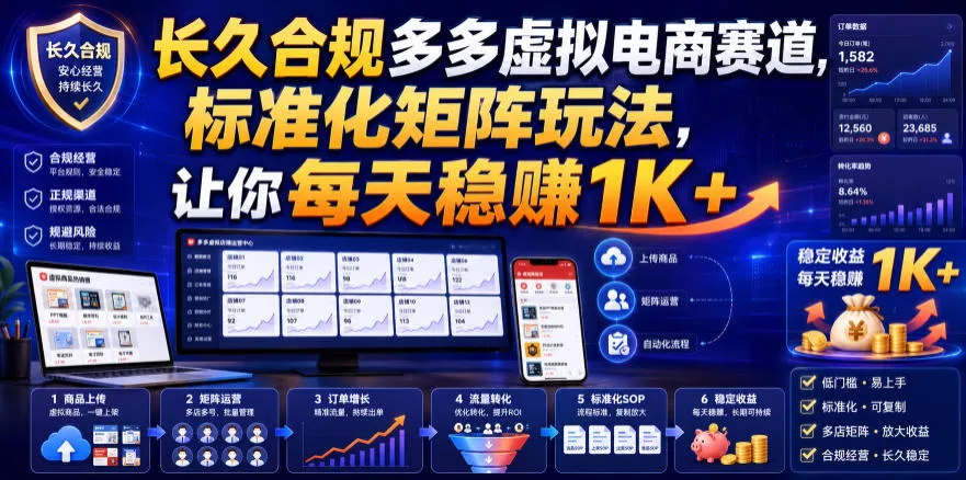 长久合规多多虚拟电商赛道，标准化矩阵玩法，让你每天稳賺1K+【揭秘】-卓越网创