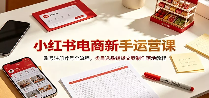 小红书电商新手运营课：账号注册养号全流程，类目选品铺货文案制作落地教程-卓越网创