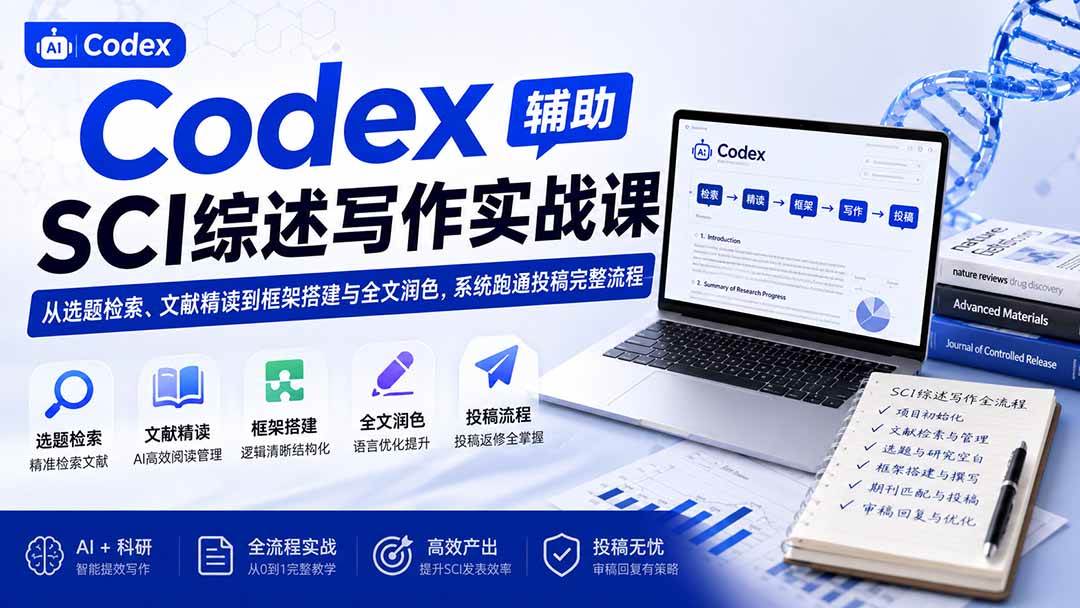 (19751期)Codex辅助SCI综述写作实战课——从选题检索、文献精读到框架搭建与全文润色,系统跑通投稿完整流程 (19751期)Codex辅助SCI综述写作实战课——从选题检索、文献精读到框架搭建与全文润色,系统跑通投稿完整流程