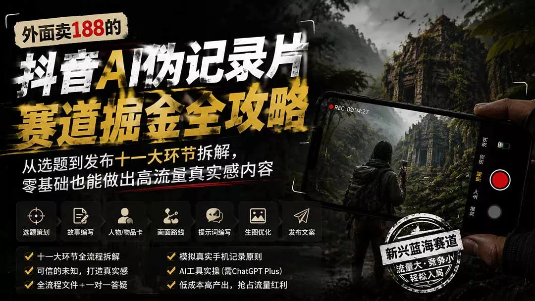 外面卖188的抖音AI伪记录片赛道掘金全攻略；从选题到发布十一大环节拆解，零基础也能做出高流量真实感内容-卓越网创