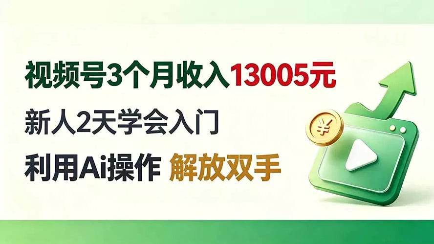 视频号3个月收入13005元, 新人2天学会入门, 利用Ai操作 解放双手!-卓越网创