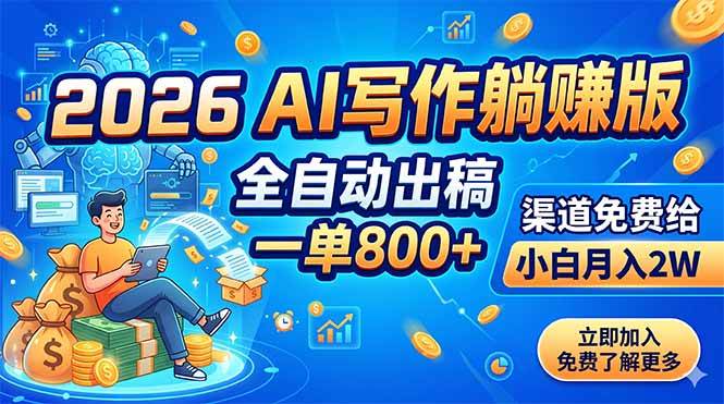 （18885期）2026 AI写作躺赚版：全自动出稿，一单800+，渠道免费给，小白月入2W-卓越网创