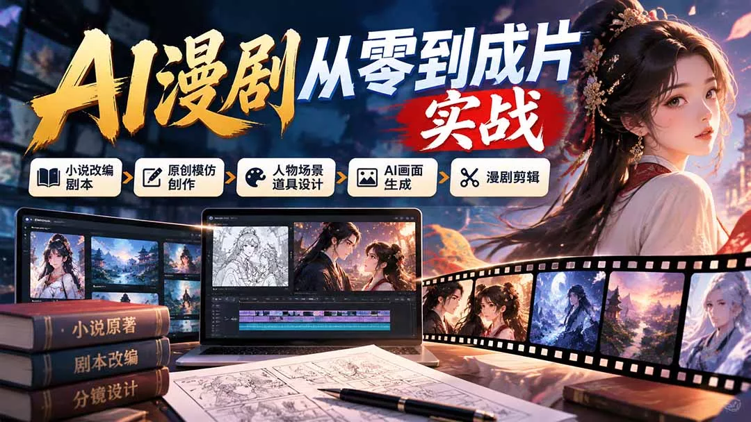 AI漫剧从零到成片实战：小说改编剧本、原创模仿创作、人物场景道具设计、AI画面生成与漫剧剪辑-卓越网创