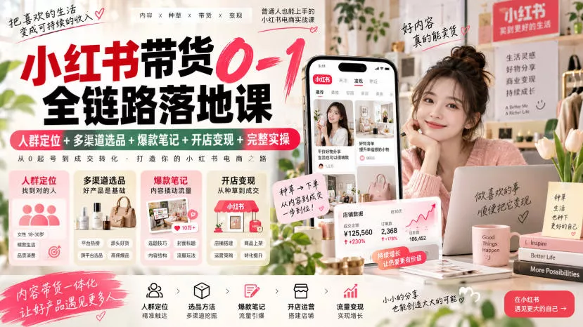 小红书带货0-1全链路落地课|人群定位+多渠道选品+爆款笔记+开店变现完整实操-卓越网创