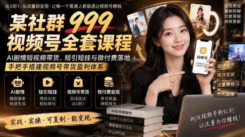 某社群999视频号全套课程，AI剧情短视频带货、短引短挂与微付费落地，手把手搭建视频号带货盈利体系-卓越网创