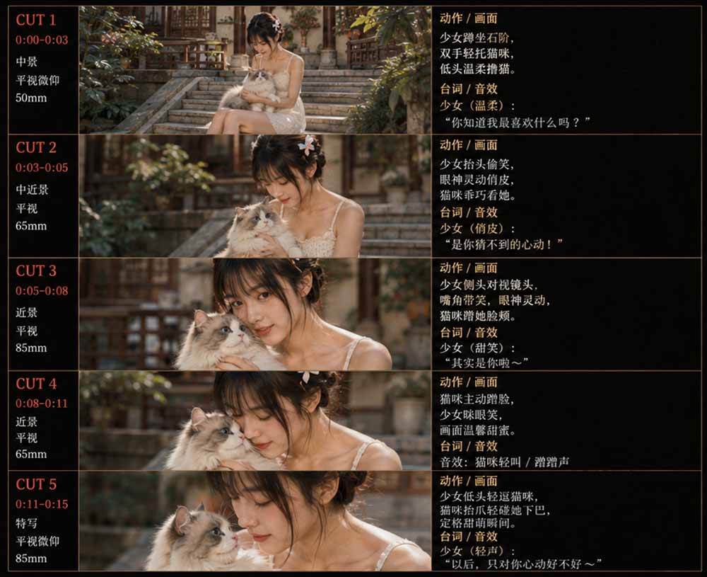 （18909期）美女和猫故事提示词，人物一致性提示词+故事板