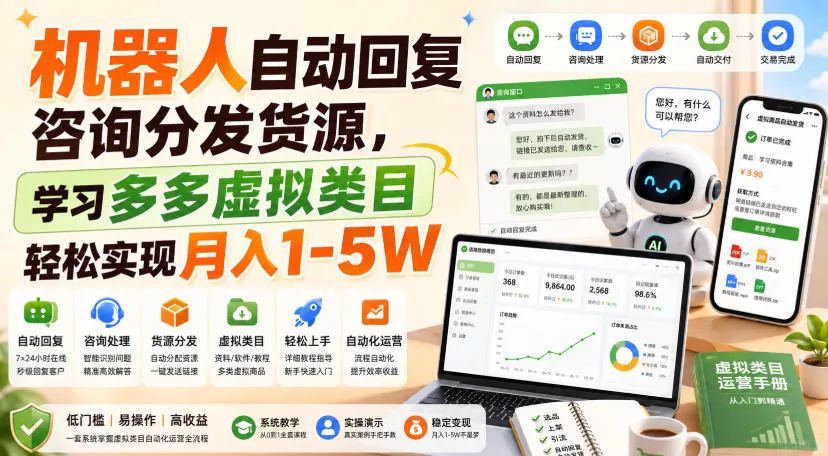 机器人自动回复咨询分发货源，学习多多虚拟类目轻松实现月入1-5W【揭秘】-卓越网创